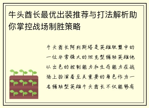 牛头酋长最优出装推荐与打法解析助你掌控战场制胜策略