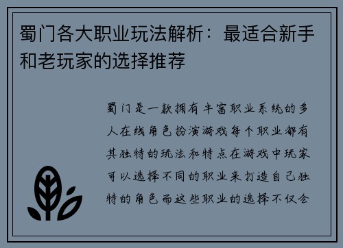 蜀门各大职业玩法解析：最适合新手和老玩家的选择推荐