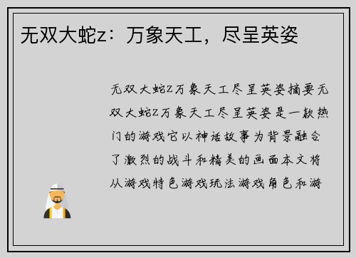 无双大蛇z：万象天工，尽呈英姿